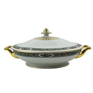 Thomas Bavaria Harvest Oval Covered Vegetable Dish Fruit Blue Scrolls‎ Gold Rim
